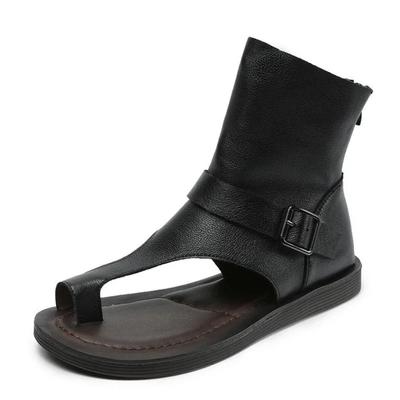 Moda Sandalias Gladiator de Mujer de Alta Calidad Verano Chanclas de Dedo Cuero Vacuno Genuino Sandalias Romanas Planas Cremallera Trasera Botines Frescos al Tobillo Negro
