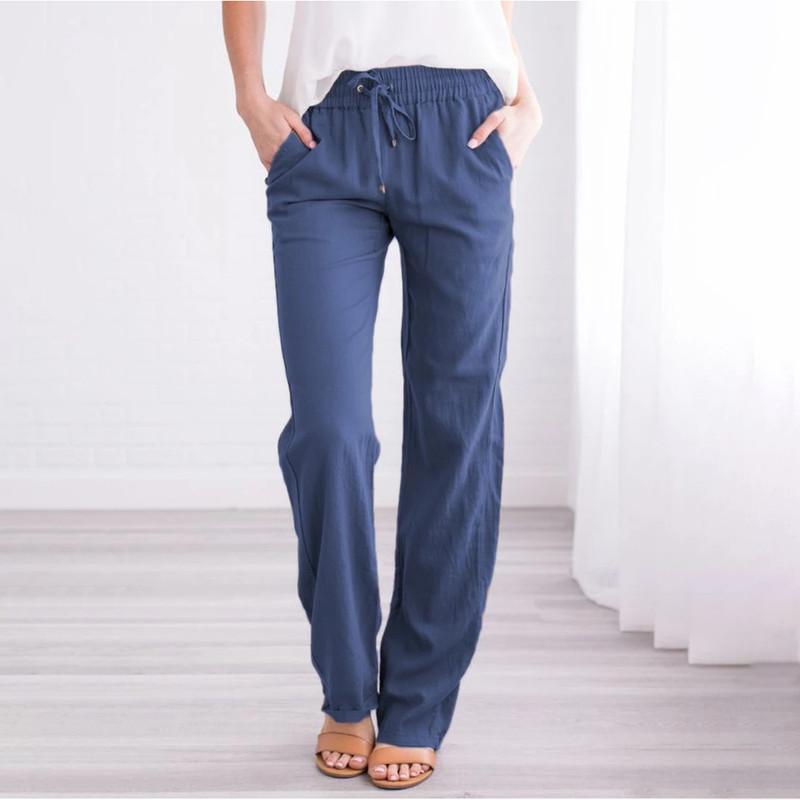 Spring and Summer Women's Fashion Solid Colour Cotton and Linen Drawstring Loose Casual Wide Leg Trousers