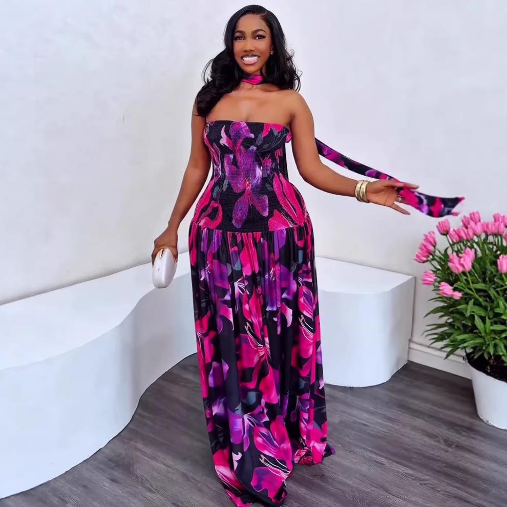 European and American women s clothing new backless sexy one-word collar printed tube top dress African slim temperament dress dress S