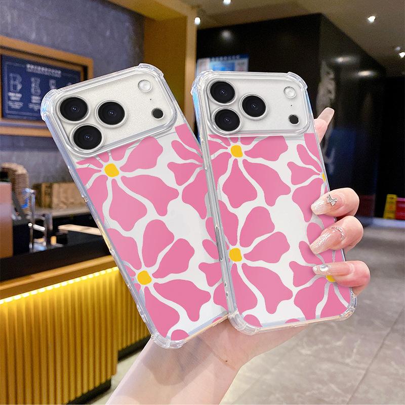 Popular pink flower mobile phone case Apple 16 literary style TPU transparent case iPhone17 soft case wholesale