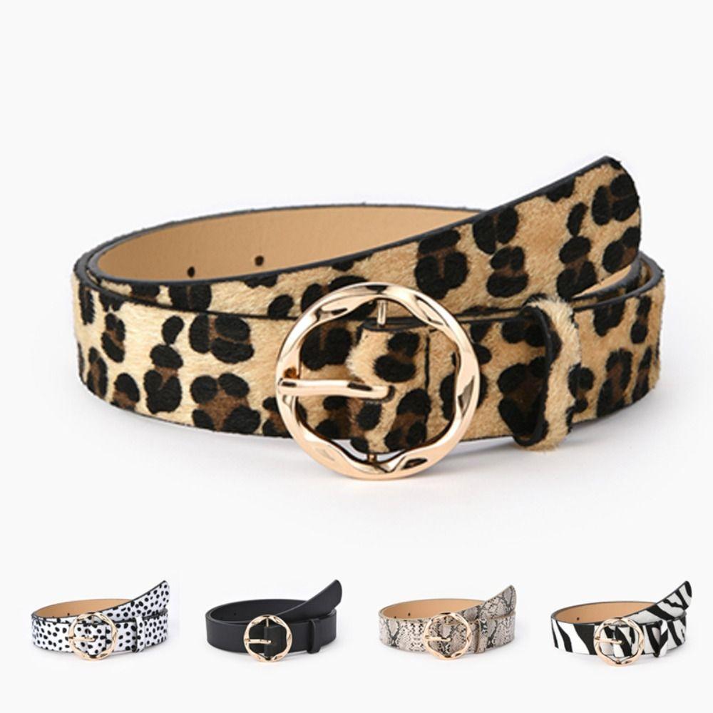 Leopard Pattern Pu Belt Rose Gold Metal Buckle Waistband Casual Leather Belt  Women