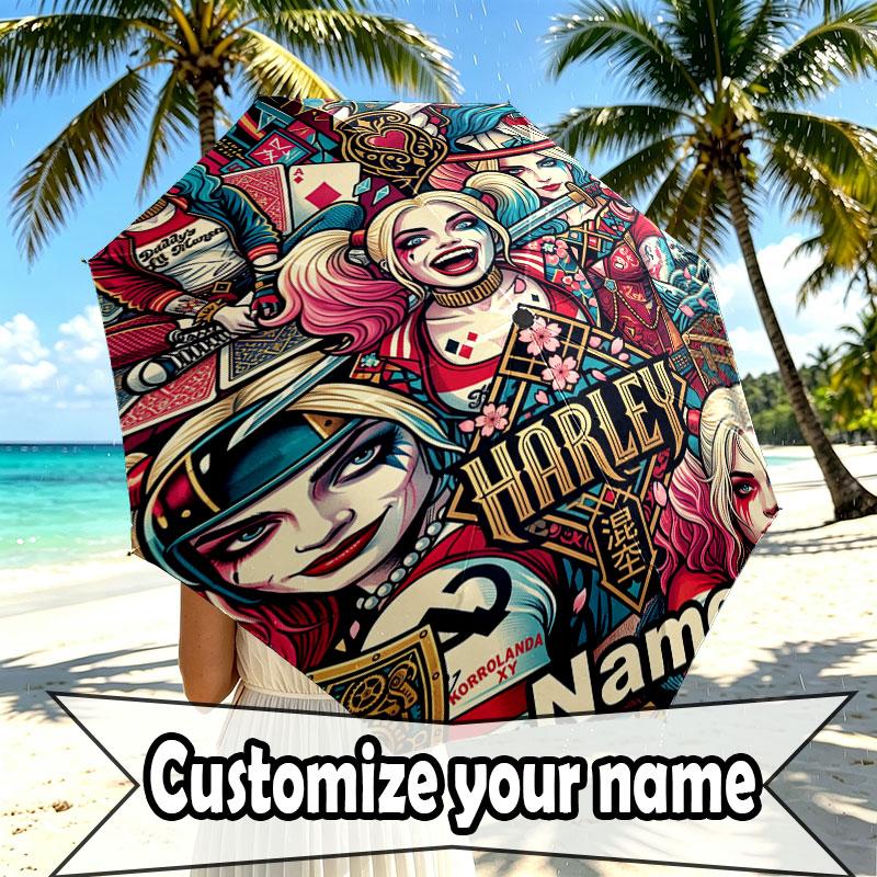 Custom Name Personalized Harley Quinn Print Umbrella, Auto Open Close, 8‑Rib Sturdy Frame, Commute Camping Hiking Use, Birthday Gift