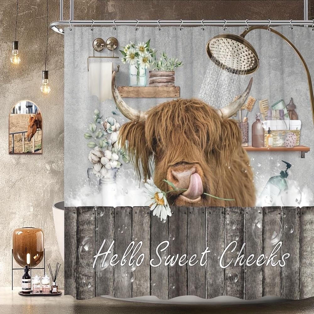 Cortina de ducha divertida de vaca de las Highlands, tela impermeable, cortinas de baño, lindo toro lamiendo flor, decoración de pantalla de baño con ganchos