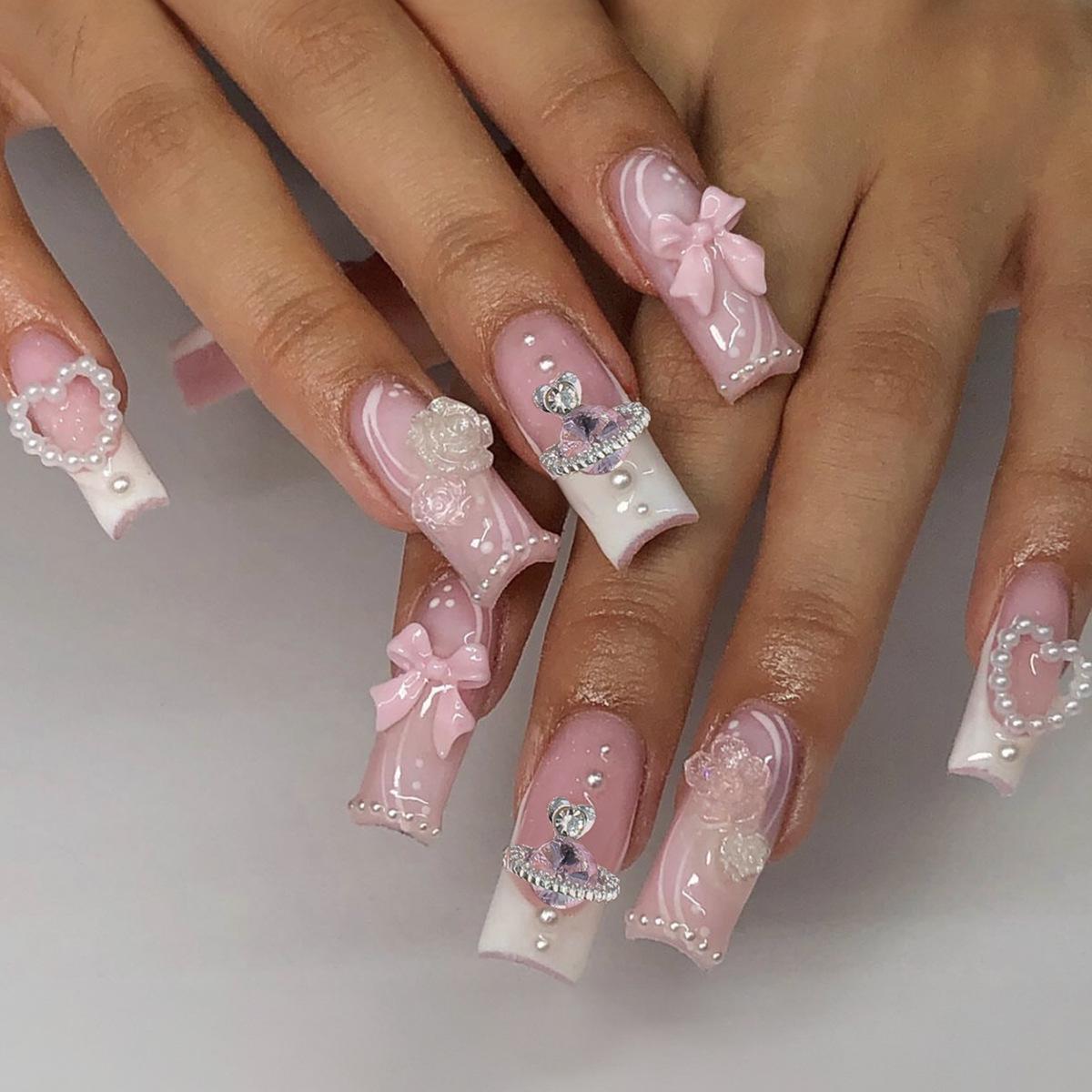

Wearable Long French Sweet Pipe Nails with Diamond Camellia Bow 3D False Manicure Tips