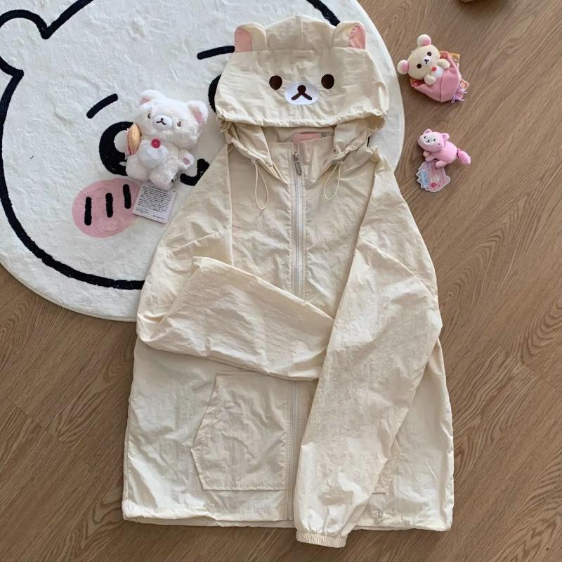 Bear Ear Hooded Summer Coats Long Sleeve Zipper Women Jackets Preppy Style Japanese Cartoon Thin Outerwear Y2k Kawaii Sweet