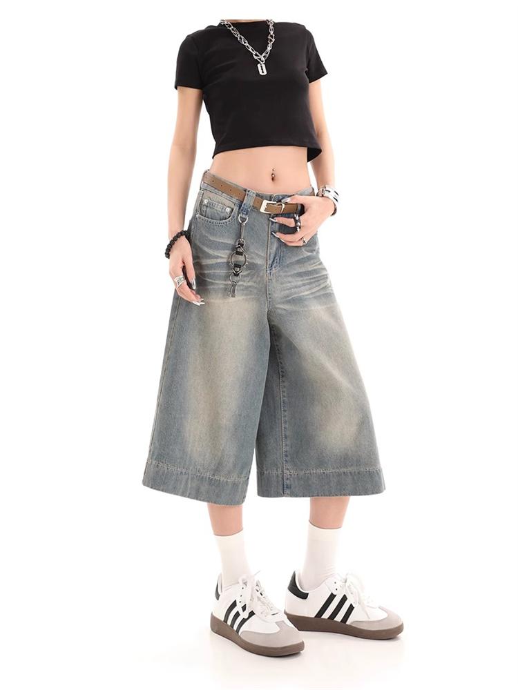 Cat Whisker textura Retro džínové šortky Ženy Americký styl Vintage Široké nohavice Street Summer Dámské Retro Volné krátké džíny s vysokým pasem Y2k