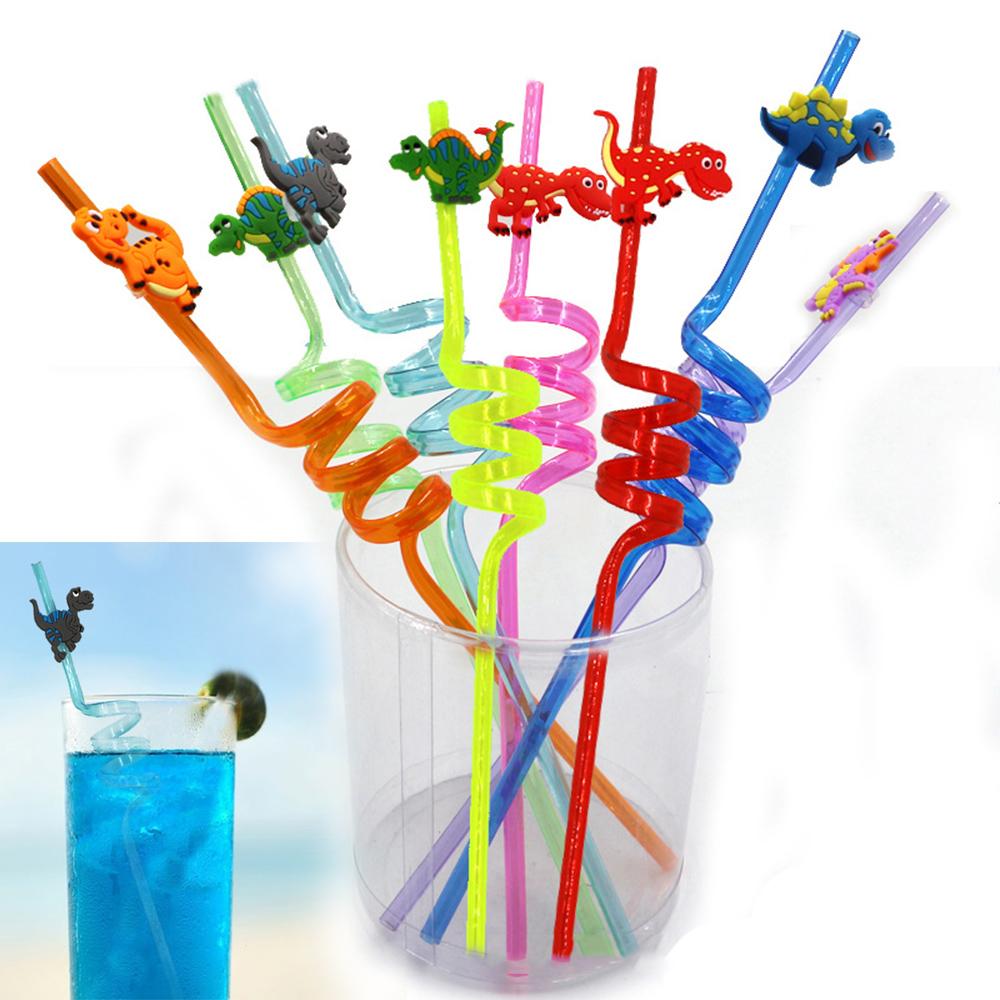 Drinking Decor Temporaty Straw Cartoon Pattern Dinosaur Reusable Straws Dino Theme Straws-Plastic