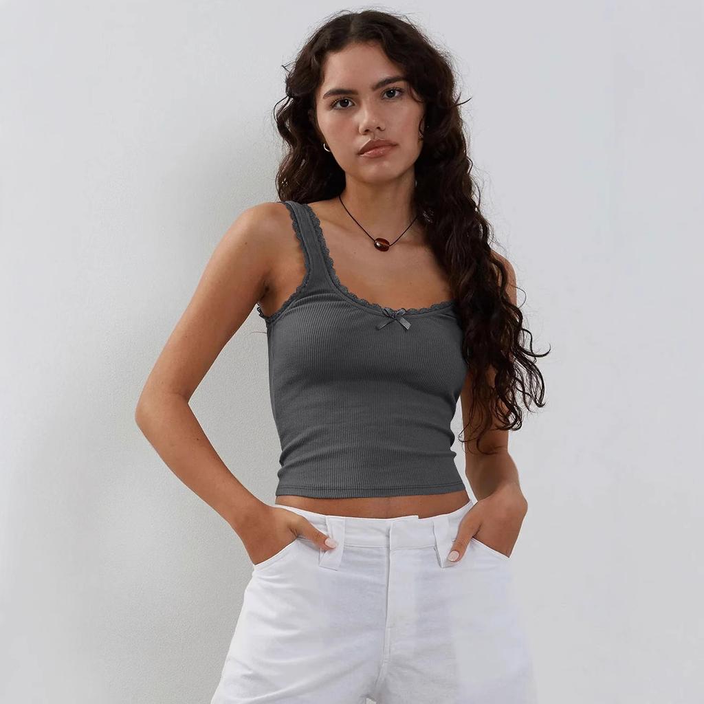 Women's Lace Trim Bow Detail Ribbed Tank Top Y2K Slim Fit Sleeveless Camisole Basic Cami Top