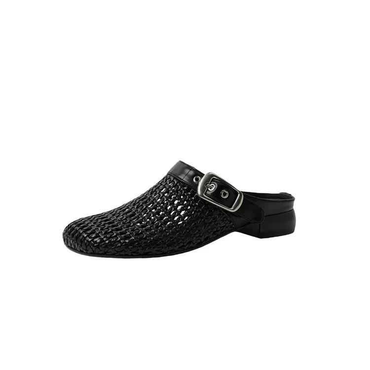 Fashion 2025 New Summer Women Mules Leather Women Shoes Round Toe Chunky Heel Microfiber Weave Sandals Cover Toe Women Slippers