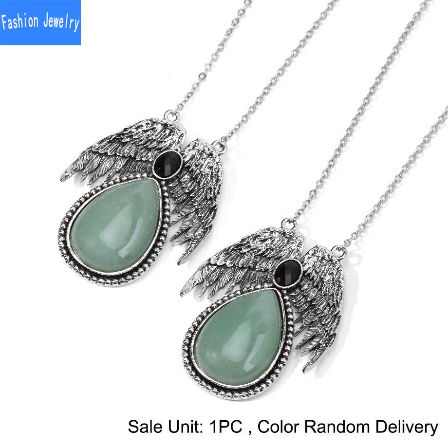 European and American Trendy Personalized Angel Wings Natural Crystal Stone Drop-shaped Pendant Necklace Jewelry