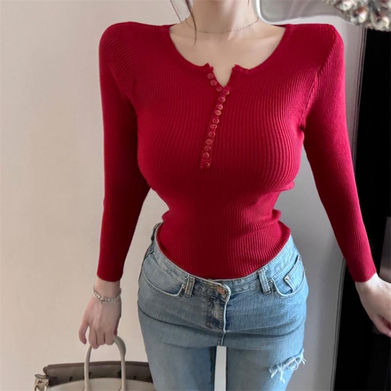 

Осень Новая Однотонная Трикотажная Футболка с V-образным вырезом и длинным рукавом для женщин Модная Приталенная Базовая Футболка Топы Офис Леди Элегантная Повседневная Однотонная Трикотажная Футболка 25266 One Size красный