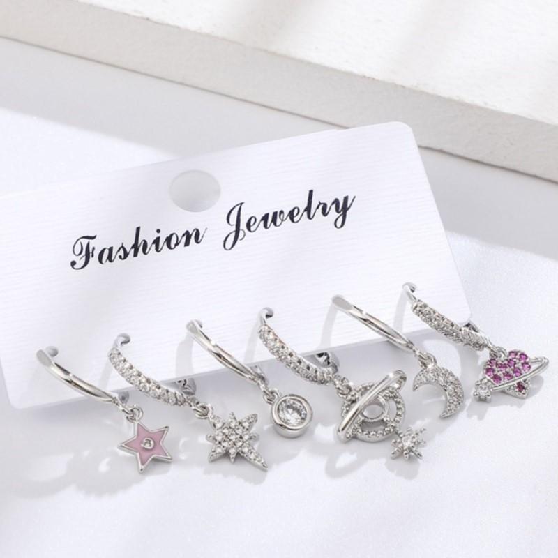6Pcs/set Geometric Star Moon Rhinestones Hoop Earrings Sets for Women Colorful Zircon Earrings Jewelry Gift