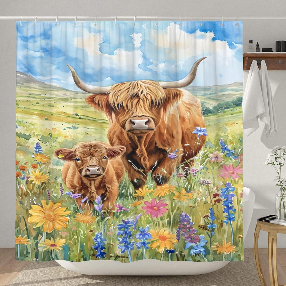 Morsomt dusjforheng med høylandsfe Rustikk landlig ku Tegneserie Dyre Dusjforheng Polyesterstoff Hjem Baderomsdekor