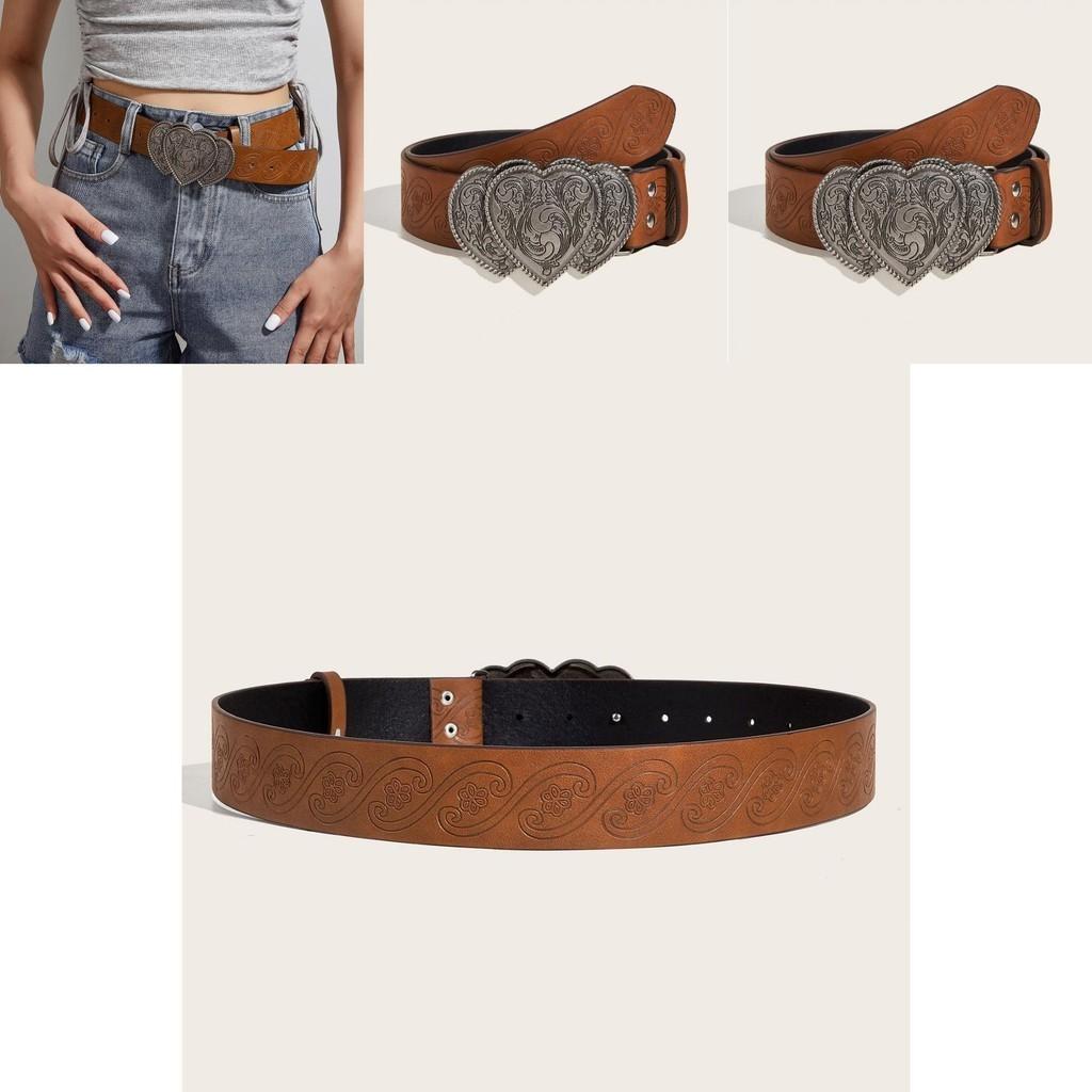 Fashionable Faux Leather Belt With Alloy Heart-shaped Buckle And Vintage Silver Double Heart Clasp Unisex Waistband