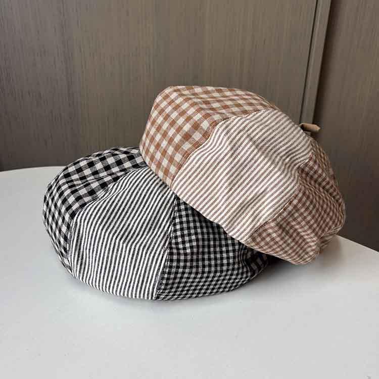 New spring and autumn versatile beret women's retro plaid splicing pumpkin hat showing face small painter hat