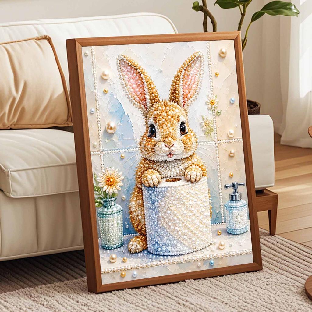 DIY Stretched Canvas Pearl Art Kit Bunny Bathroom Toilet Paper Design 5D Sparkling Bead Painting Relaxing Hobby Gift for Home Decor