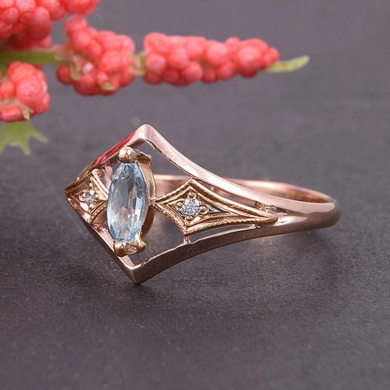 Rose Gold Color Women Rings with Marquise Blue Cubic Zirconia Elegant Wedding Party Bridal Accessories Fashion Jewelry