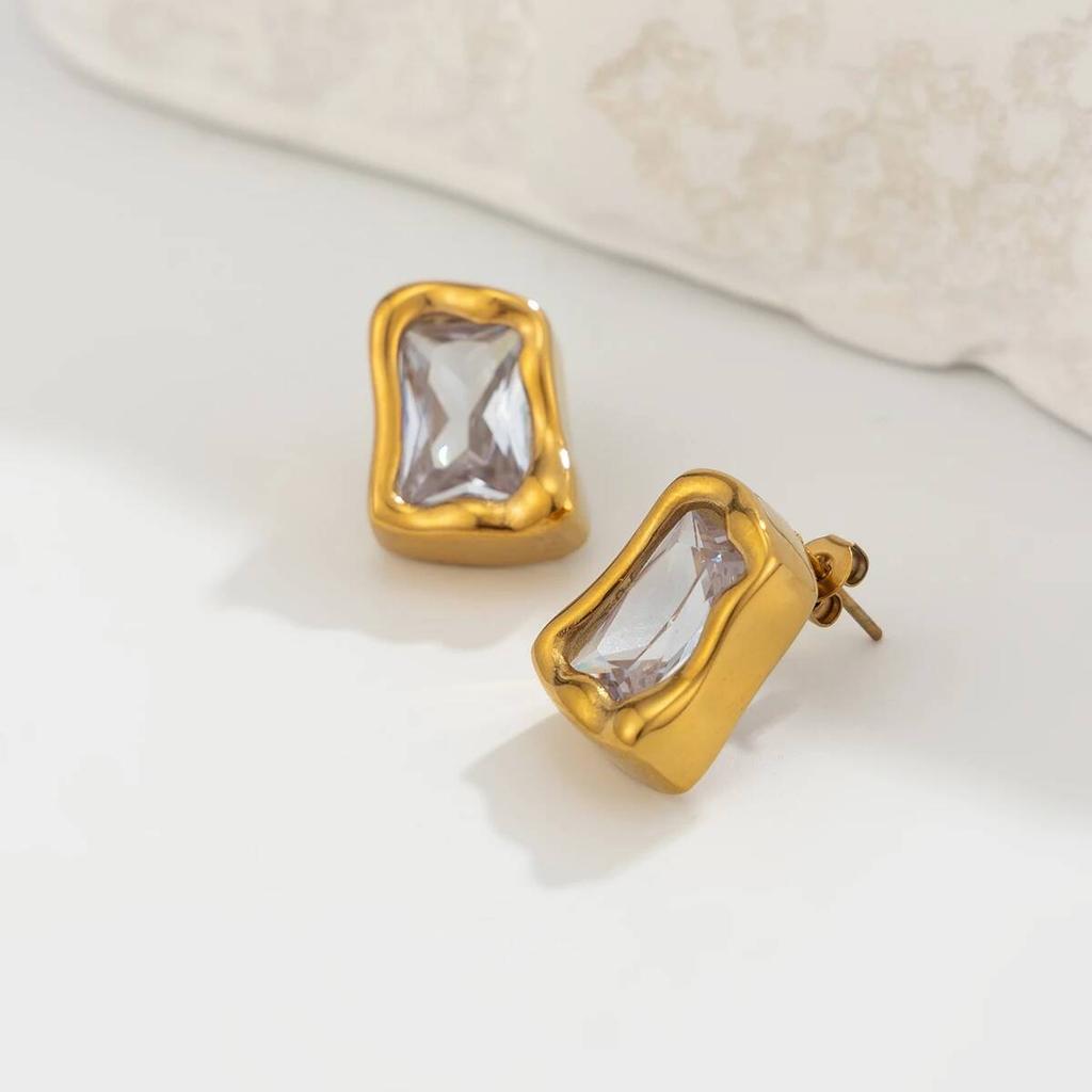 Salircon Exquisite Square Zircon 18K Gold Plated Square Stud Earrings for Women Exquisite Waterproof Stainless Steel Jewelry