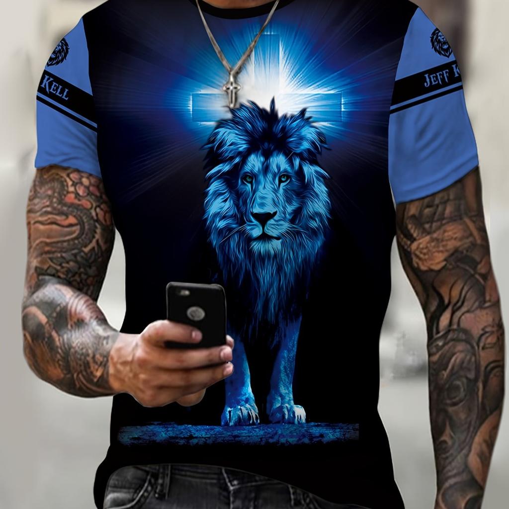Men's Letters 3D Lion Graphic Print T-shirt For Summer Men's Clothing