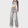 Women's Gray Corrugated Wide-Leg Jeans - 2024 Autumn Lazy Street Style