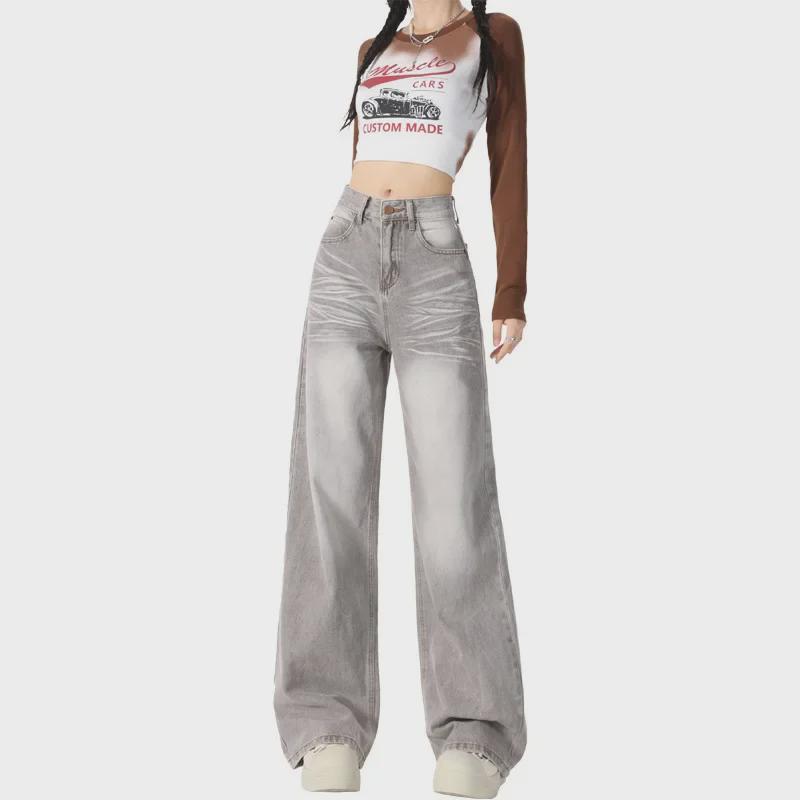 Women's Gray Corrugated Wide-Leg Jeans - 2024 Autumn Lazy Street Style