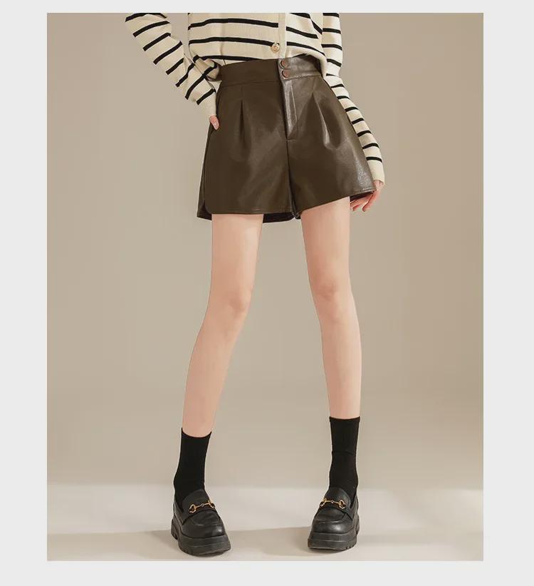 Braune PU-Ledershorts mit hoher Taille in A-Linie für Damen, Herbst/Winter 2025, Slim Fit, lässige Oberbekleidung mit weitem Bein.