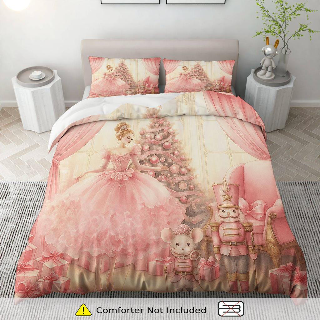 3pcs Christmas Duvet Cover Set - Ballerina Nutcracker & Christmas Tree Design, Soft Pink & White Polyester Bedding with Zipper