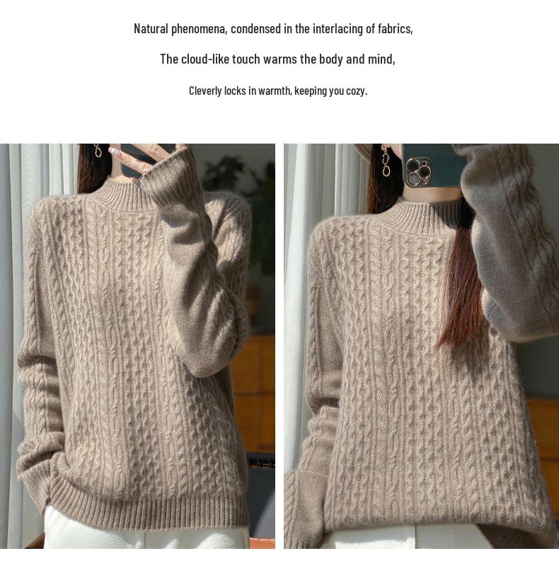 Thick Cable Knit Half-High Neck Wool Pullover Sweater