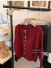 Women's Autumn 2024 Red Knitted Sweater Cardigan - Colorful Button, Crew Neck, Long Sleeve, Soft Angora Blend.