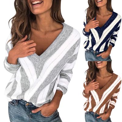 Women's V Neck Long Sleeve Lightweight Loose Casual Hollow Out Sweaters Stripe Pullover Jumper Tops