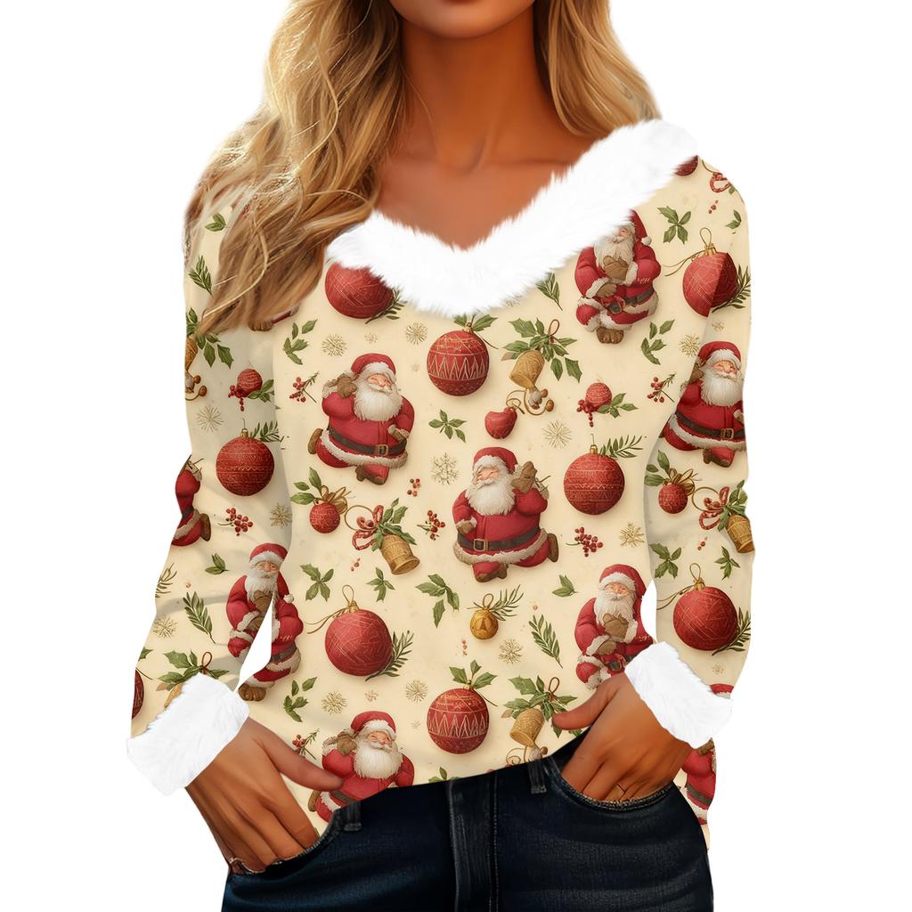 Women's T Shirt Tee Christmas Shirt Long Sleeve Party Christmas Print Fleece Collar V Neck Top