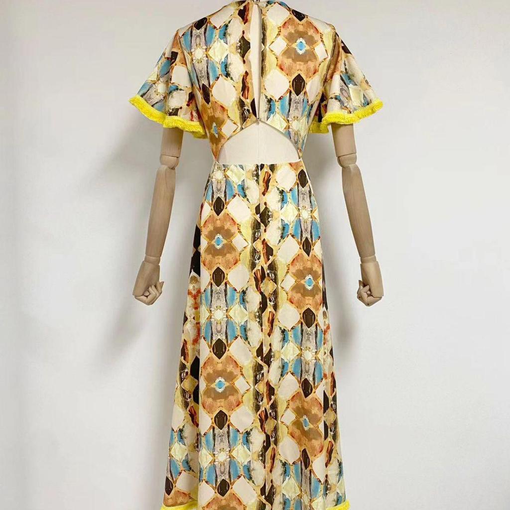 Women's 2023 Autumn V-Neck Tassel Splice Backless Long Dress with Lace-Up Waist