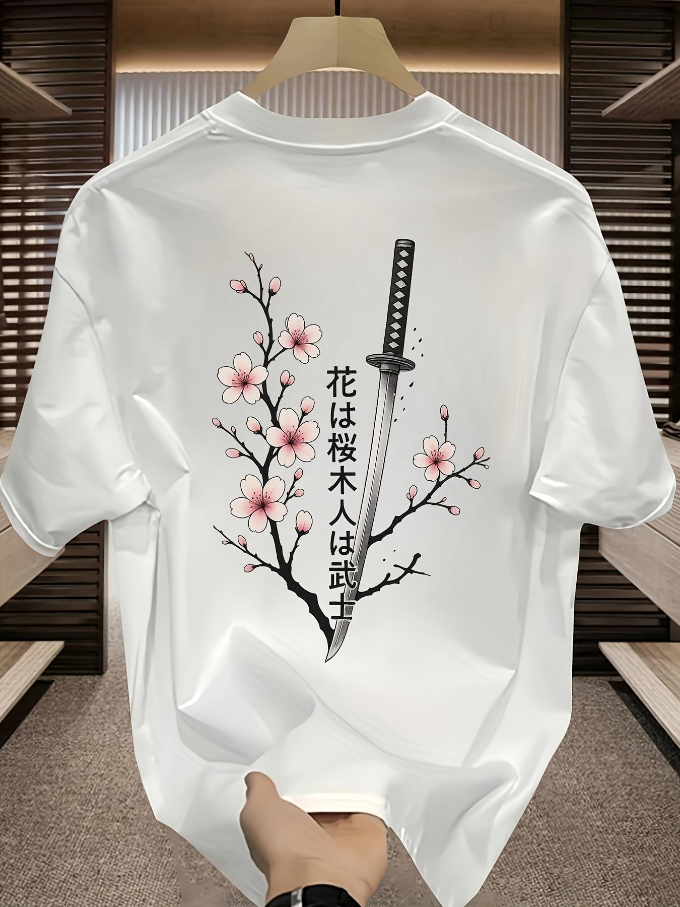 Summer Japanesestyle Samurai Sword with Cherry Blossom Pattern Print Mens Tshirt Fashionable Trendy Streetwear for Men S