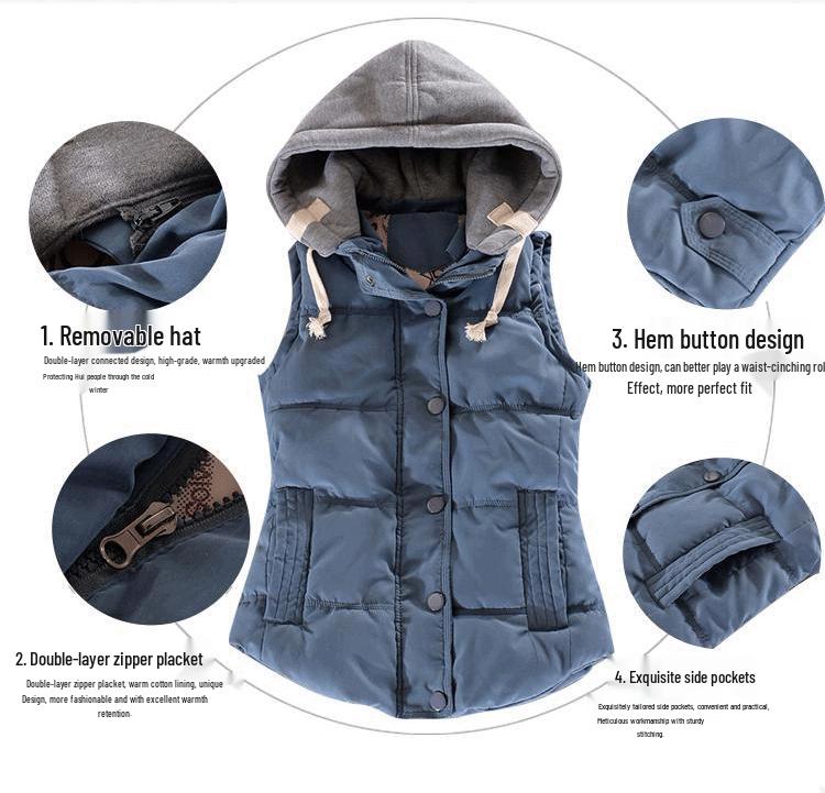 Korean Style Women's Hooded Peach Velvet Sleeveless Cotton Vest - Autumn/Winter Collection