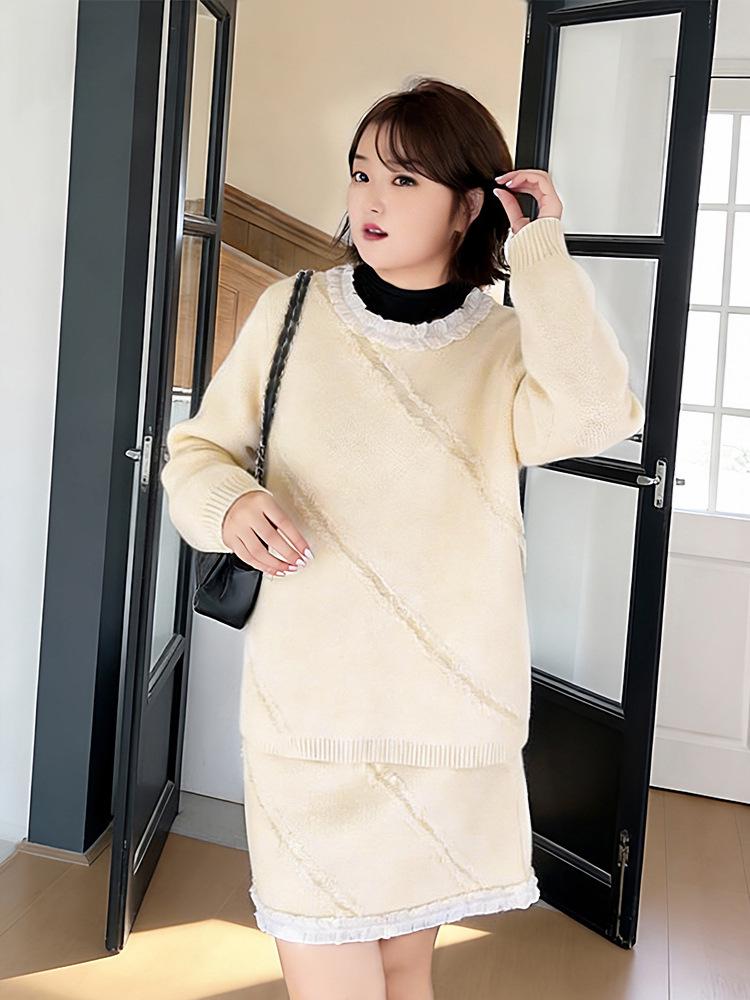 Plus Size Hollow Knit Sweater & Short Skirt Set - Winter 2025 Collection, Sweet Style for Sizes 130-320.
