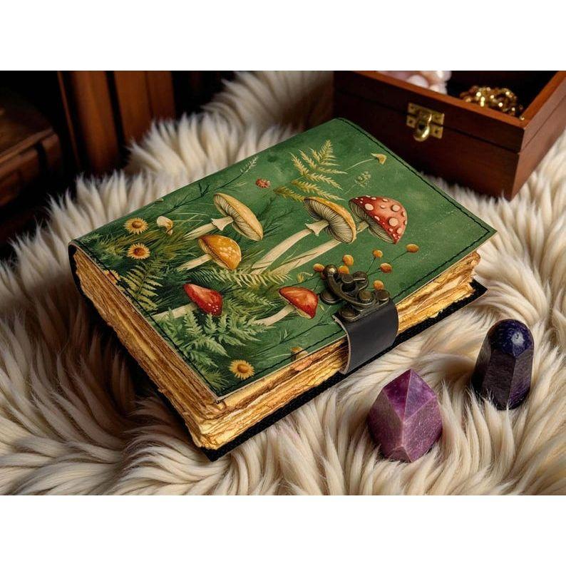 400 Page Large Grimoire Vintage Mushroom leather journal, Handmade Antique Deckle Edge Paper Spell Book of Shadows Journal for gifts