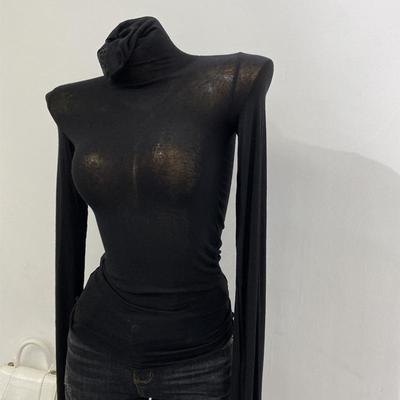 Thin Soft American Long Sleeve T-shirt High Stacked Neck Tight Perspective Bottom Shirt Women's Slim Fit Tops Sexy Streetwear