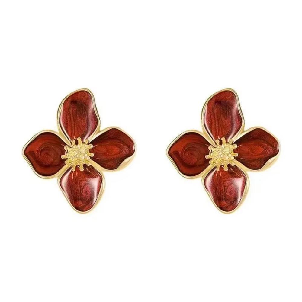 SUMENG New Blue Red Enamel Stud Earrings Fashion Five-Petals Crystal Cute Girls Ear Decor for Women Jewelry Accessories Gifts