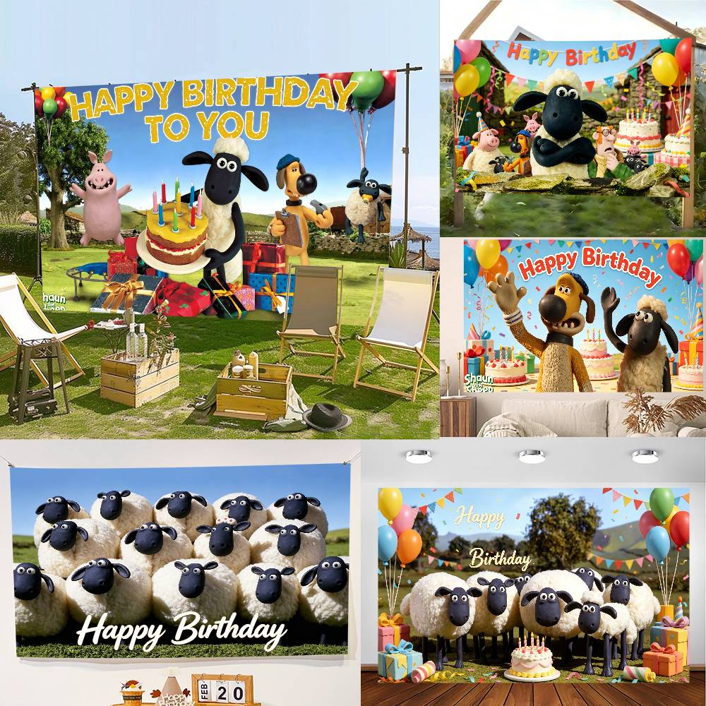 Cartoon Anime S-Shaun Fun the Sheep Photography Studio Backdrop Outdoor House Party Decor Photo Background Curtain Back Drop