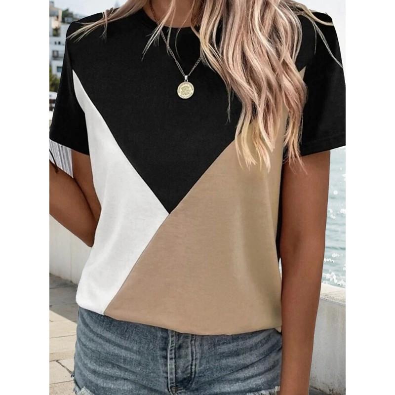 Womens Loose Fit Short Sleeve T-Shirt With 3D Digital Color Block Print Round Neck Casual Top