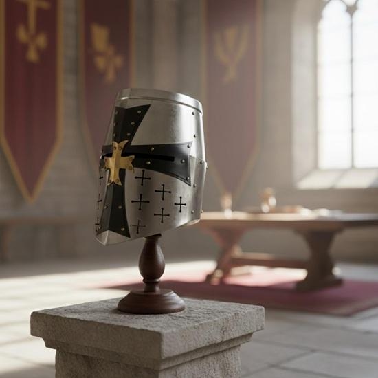 Średniowieczny Hełm Krzyżowca Templariusza, Srebrny Stalowy Hełm Rycerza z Mosiężnym Krzyżem do Kolekcji Cosplay