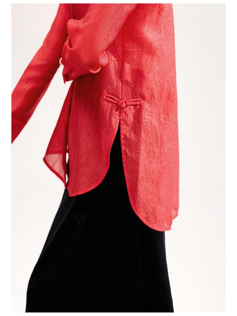 High-End Women's Silk Jacquard Frog Button Zen Shirt - Chinese Style Tea Ceremony Top for Spring