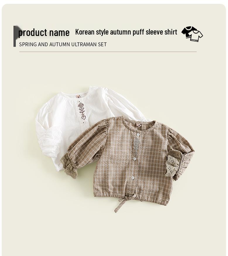 Autumn 2025 Girls' Korean-Style Embroidered Lace Puff Sleeve Top