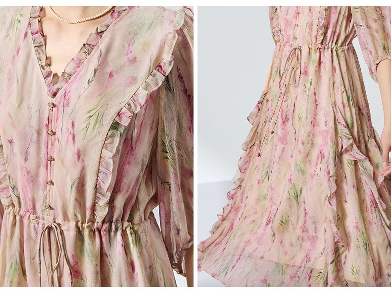 Ethereal Floral Print Dress in 100% Mulberry Silk with Ruffles - Spring Tea Break Collection