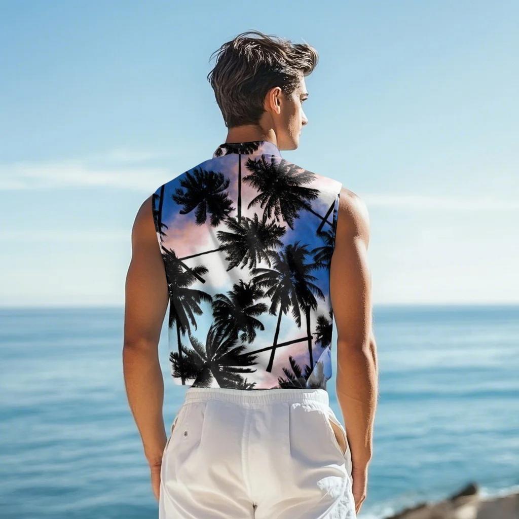 Men's Fashion Printed Sleeveless Lapel Button-Down Shirt Vest Top