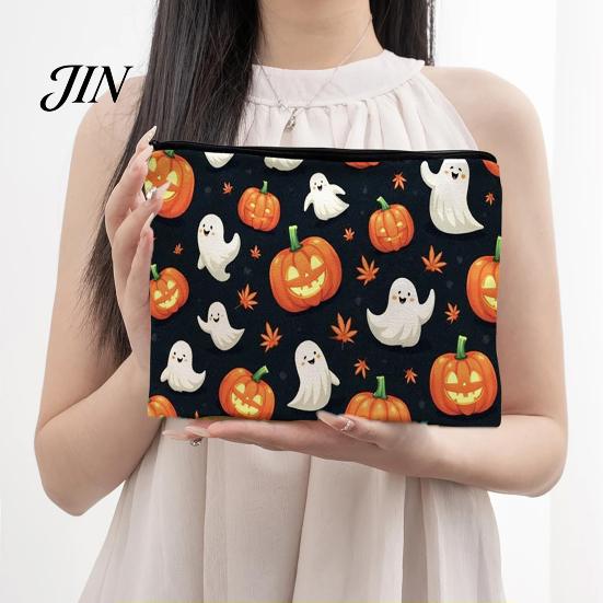 Durable Canvas Organizer for Travel Halloween Storage Bag, with Pumpkin Ghost Print, Washable Makeup Large Capacity Pouch, And Stationery Compact