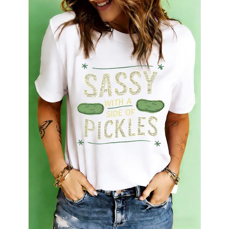 Playful Pickled Cucumber Print T-Shirt | Short Sleeve Crew Neck Casual Top for Women, Spring & Summer, Regular Length