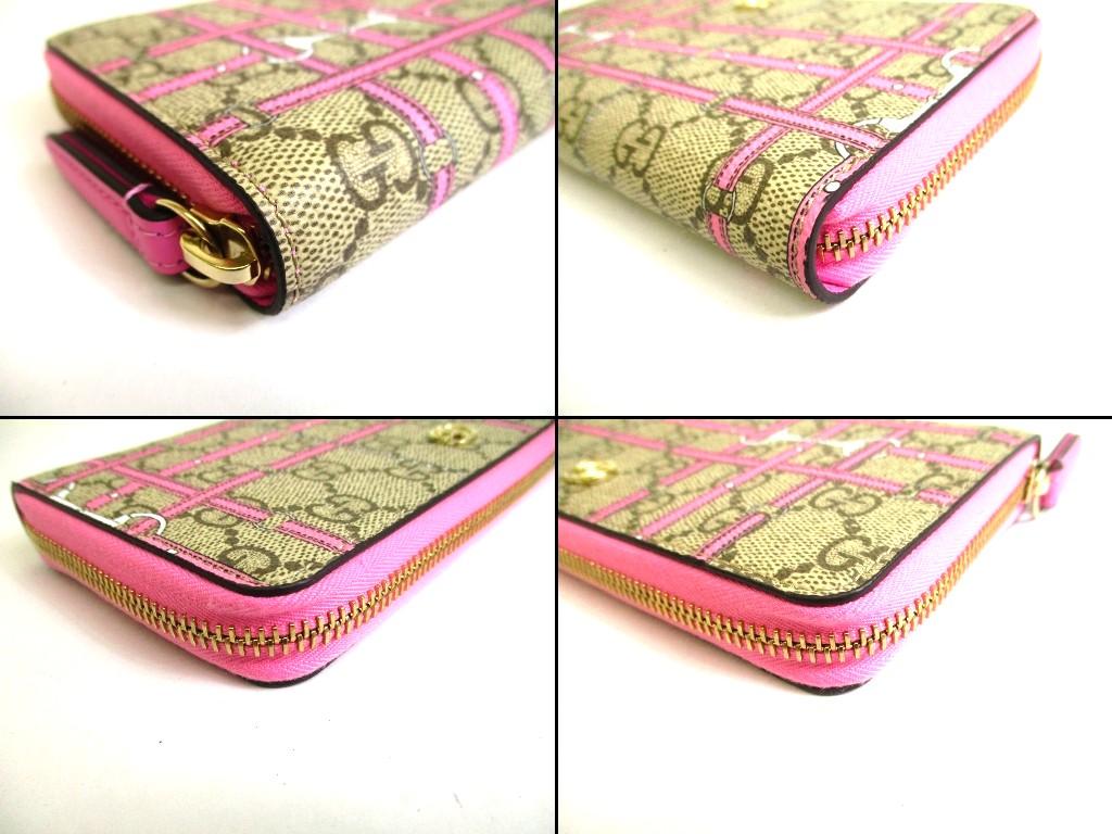 Authentische GUCCI GG-beschichtetes Canvas Rosa Leder Horsebit Rundreißverschluss Geldbörse #b301 Geöffnete Schachtel