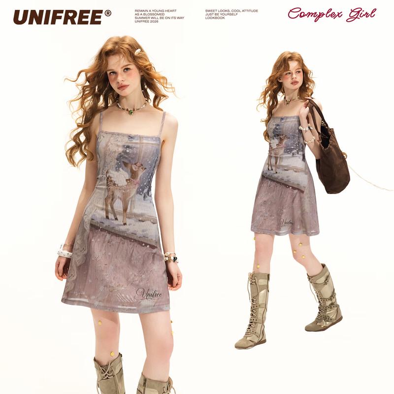UNIFREE Snow Scene Fawn Print Cami Dress L
