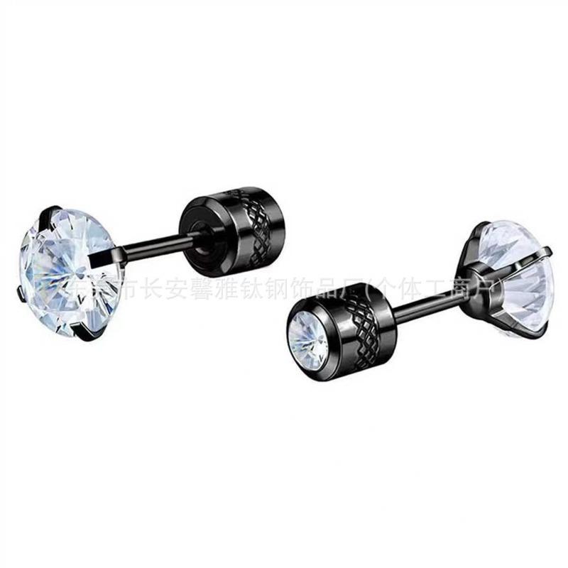 Women Gold Tone Titanium Steel Round Clear Zircon Screw Back Stud Earrings